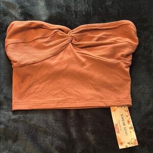 SHEIN Pink Ribbed Tie Front Sleeveless Crop Top